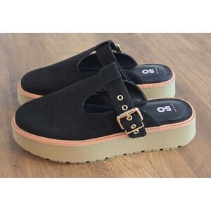 SO Olav Black T-Strap Platform Mules Chunky Lug Sole Buckle Slides Womens 9 NEW